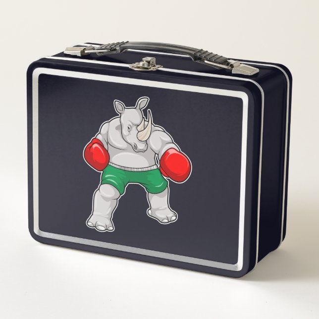 Rhino at Boxing with Boxing gloves Metal Lunch Box (Front)