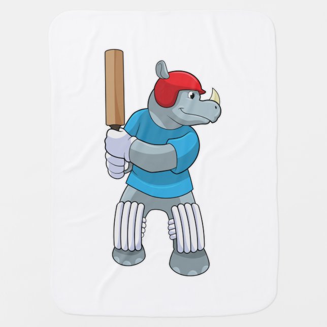 Rhino at Cricket with Cricket bat Baby Blanket (Front)
