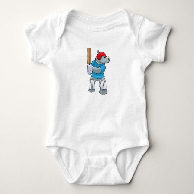 Rhino at Cricket with Cricket bat Baby Bodysuit (Front)