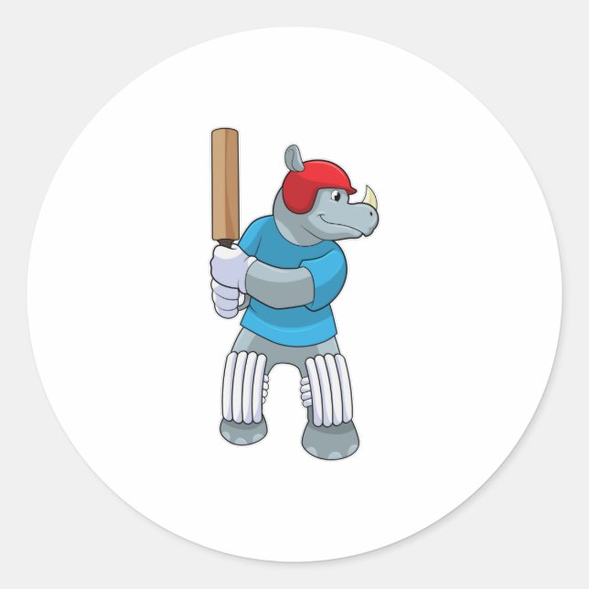 Rhino at Cricket with Cricket bat Classic Round Sticker (Front)