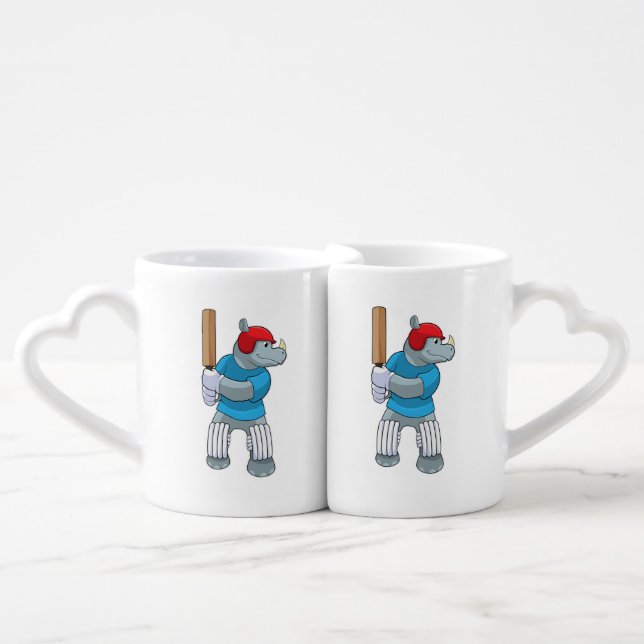 Rhino at Cricket with Cricket bat Coffee Mug Set (Front Nesting)