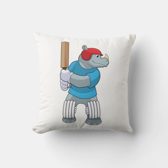 Rhino at Cricket with Cricket bat Throw Pillow (Front)