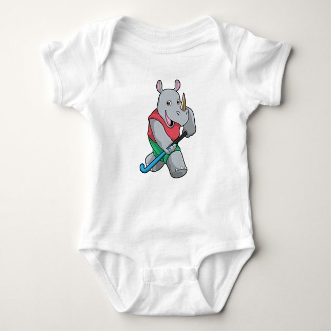 Rhino at Hockey with Hockey bat Baby Bodysuit (Front)