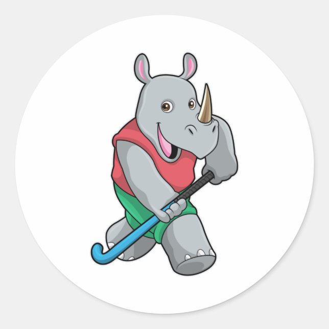 Rhino at Hockey with Hockey bat Classic Round Sticker (Front)