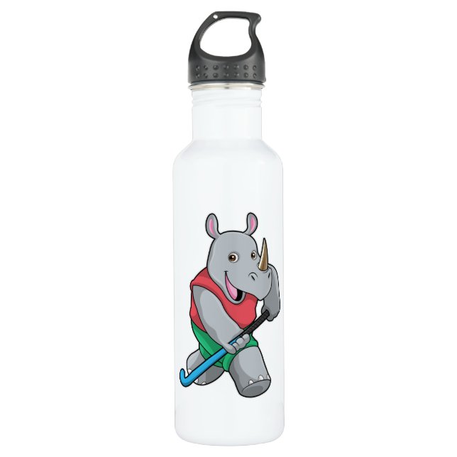 Rhino at Hockey with Hockey bat Stainless Steel Water Bottle (Front)