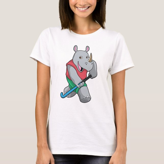 Rhino at Hockey with Hockey bat T-Shirt (Front)