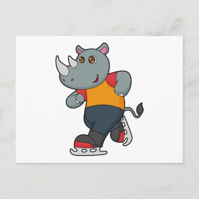 Rhino at Ice skating with Ice skates Postcard (Front)