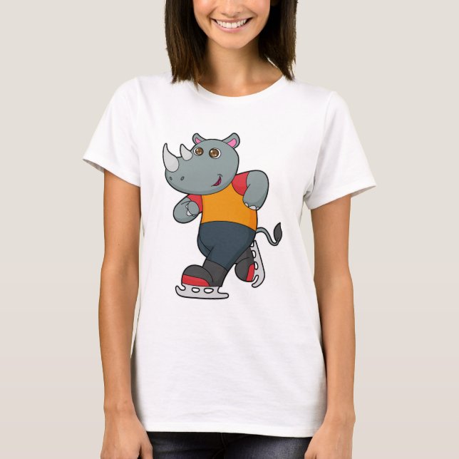 Rhino at Ice skating with Ice skates T-Shirt (Front)
