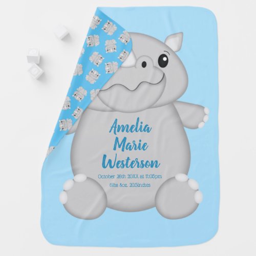 Rhino Baby Shower Blue Baby Blanket