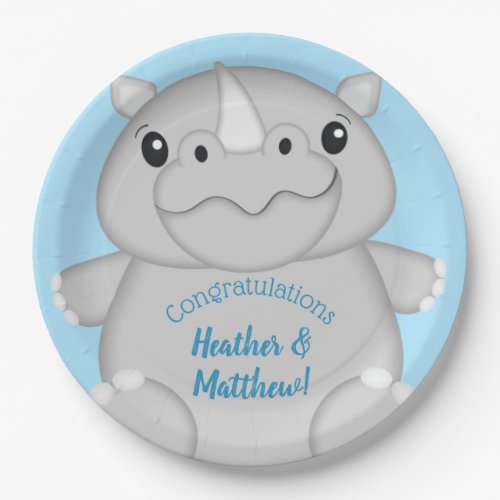 Rhino Baby Shower Blue Paper Plates