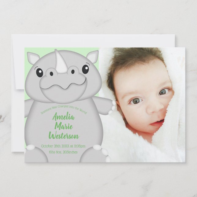 Rhino Baby Shower Green Invitation (Front)