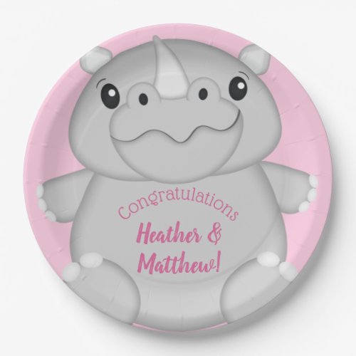 Rhino Baby Shower Pink Paper Plates