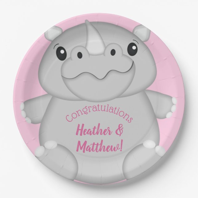 Rhino Baby Shower Pink Paper Plates (Front)