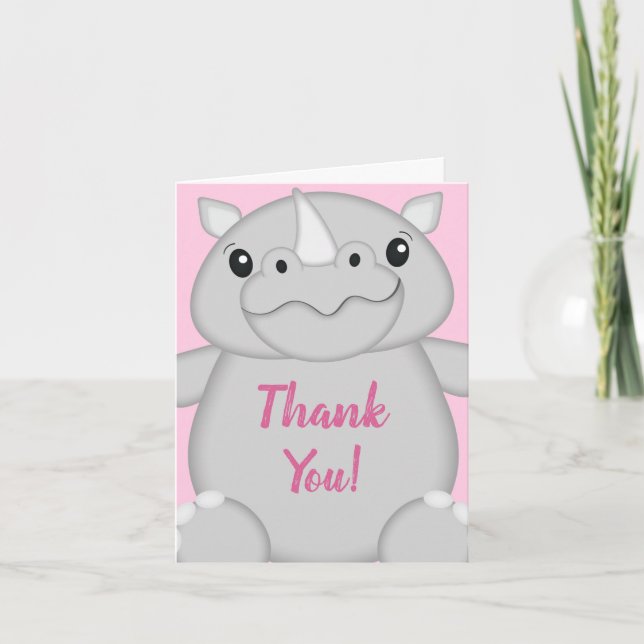 Rhino Baby Shower Pink Thank You Card (Front)