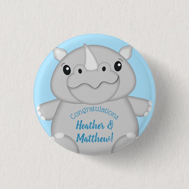 Rhino Baby Shower Safari Blue Button (Front)