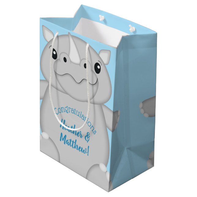 Rhino Baby Shower Safari Blue Medium Gift Bag (Back Angled)