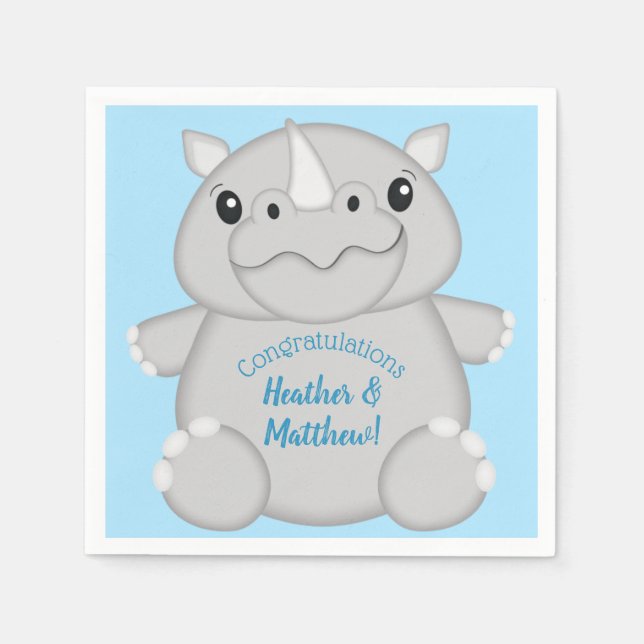 Rhino Baby Shower Safari Blue Napkins (Front)