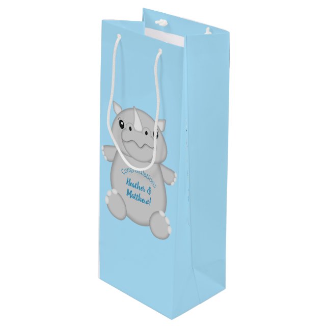 Rhino Baby Shower Safari Blue Wine Gift Bag (Front Angled)