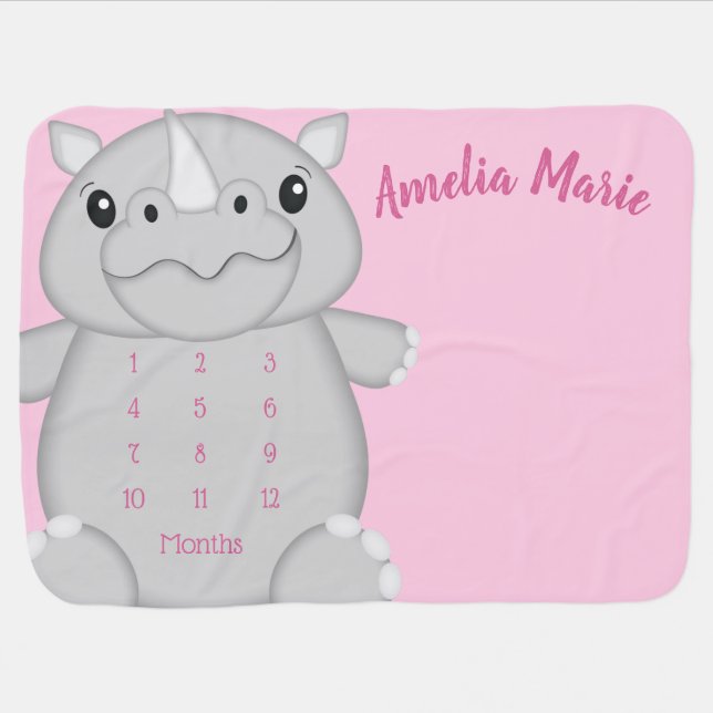 Rhino Baby Shower Safari Pink Girl Baby Blanket (Horizontal)