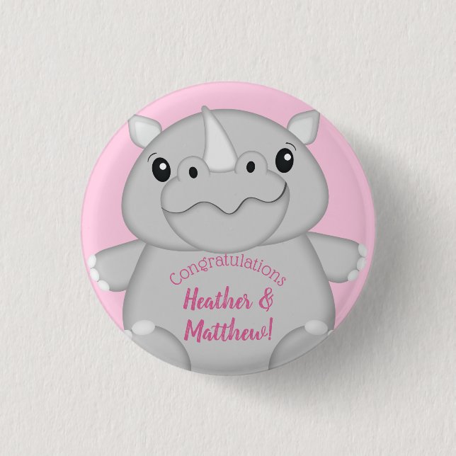 Rhino Baby Shower Safari Pink Girl Button (Front)