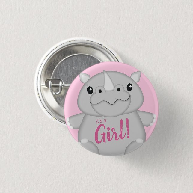 Rhino Baby Shower Safari Pink Girl Button (Front & Back)