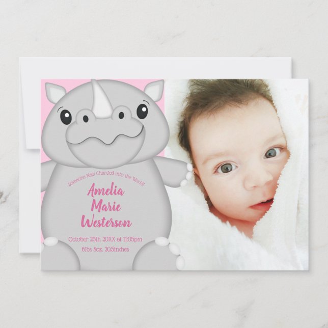 Rhino Baby Shower Safari Pink Girl Invitation (Front)