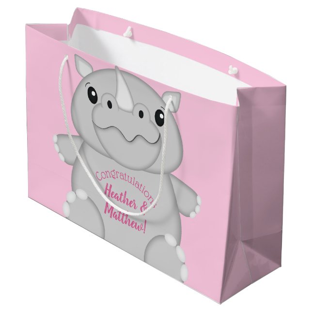 Rhino Baby Shower Safari Pink Girl Large Gift Bag (Back Angled)