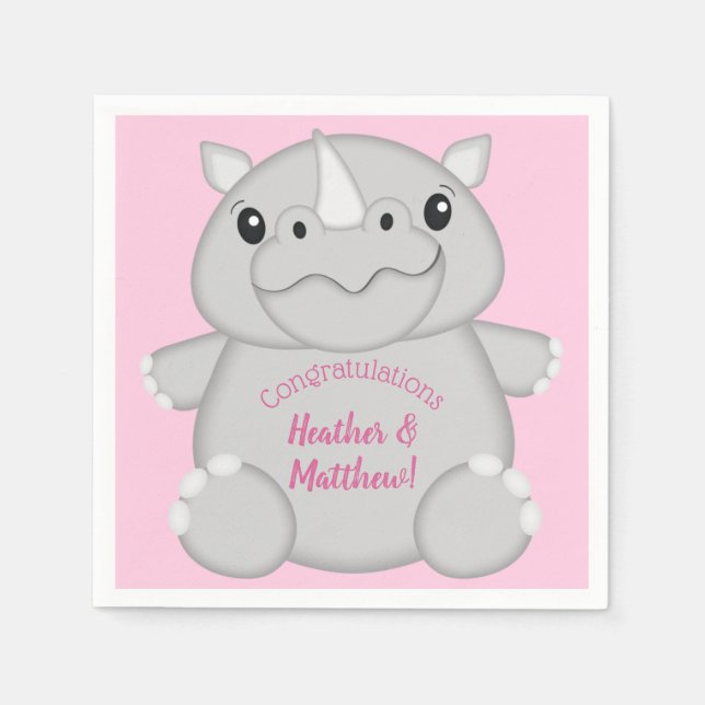 Rhino Baby Shower Safari Pink Girl Napkins (Front)