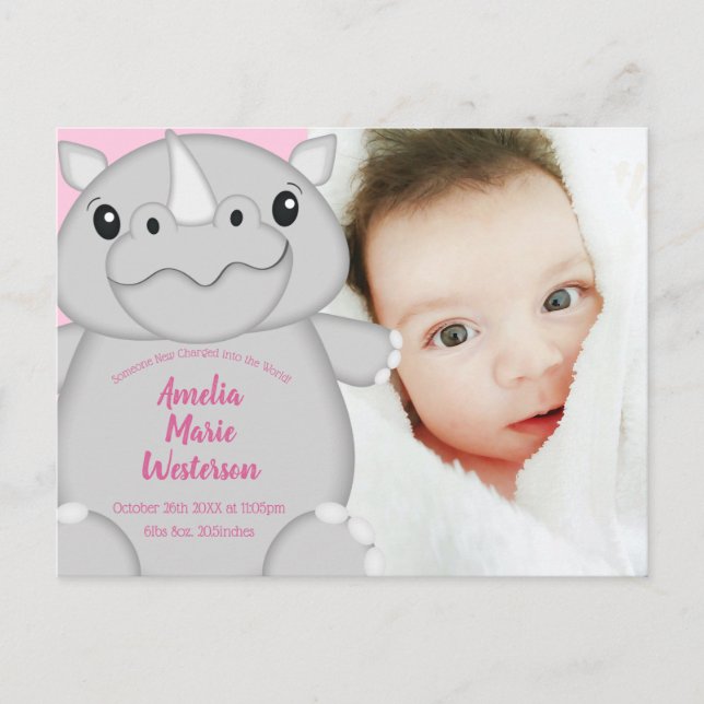 Rhino Baby Shower Safari Pink Girl Postcard (Front)