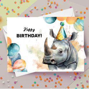 Rhino Balloons and Party Hat Rhinoceros Birthday Card