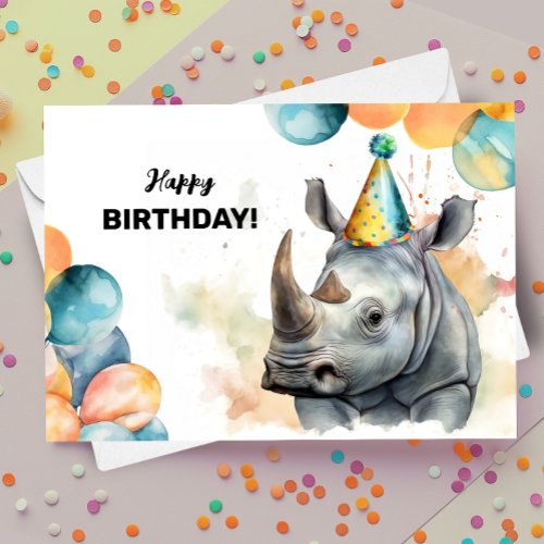 Rhino Balloons and Party Hat Rhinoceros Birthday Card
