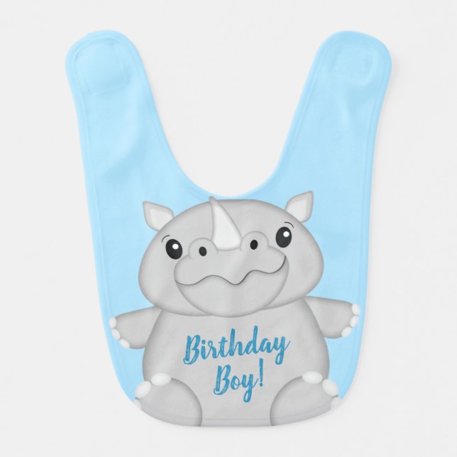 Rhino Birthday Party Blue Baby Bib (Front)