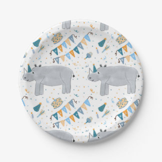 Rhino Birthday Party Paper Plates, 7" Paper Plates