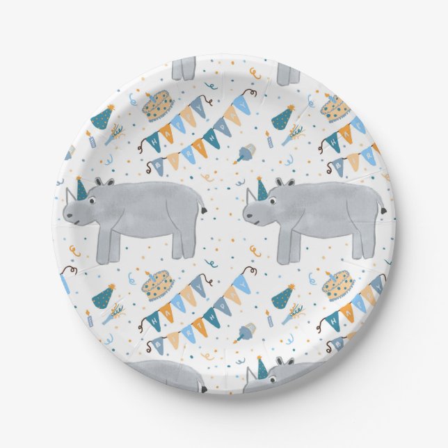Rhino Birthday Party Paper Plates, 7" Paper Plates (Front)