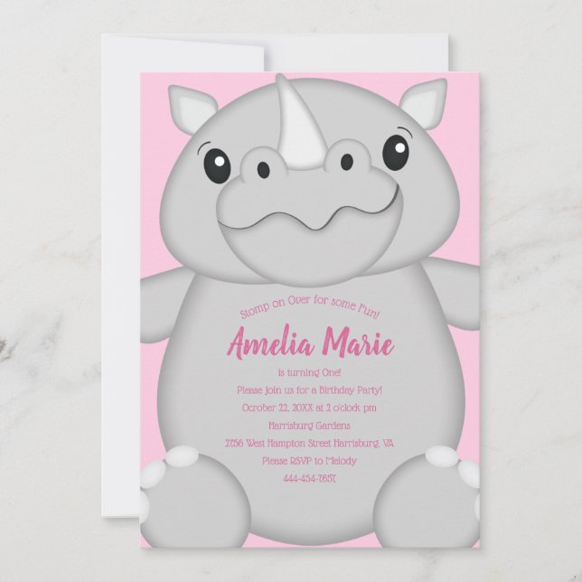 Rhino Birthday Party Pink Invitation (Front)