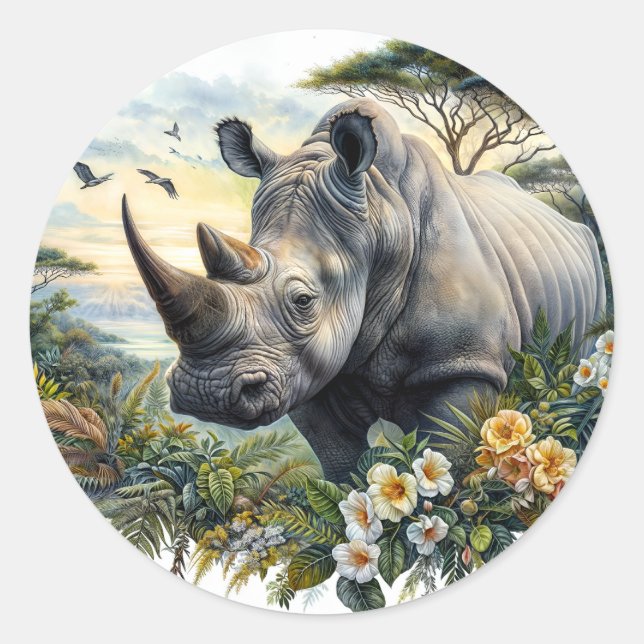Rhino Botanical Watercolor Classic Round Sticker (Front)