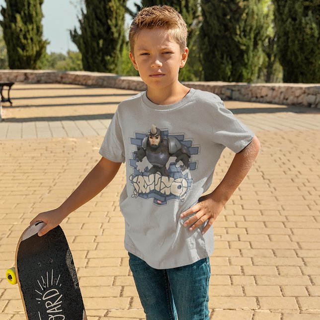Rhino Character Badge T-Shirt (Kid wearing shirt)