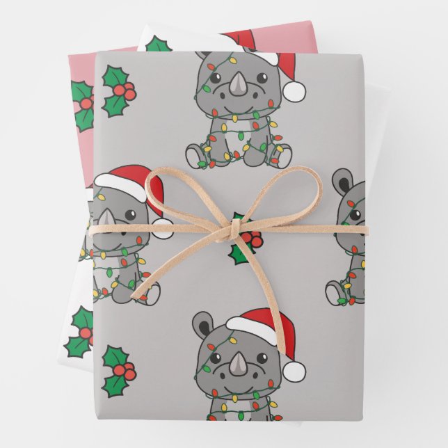 Rhino Christmas Winter Animals Holiday Rhinos Wrapping Paper Sheets (In situ)