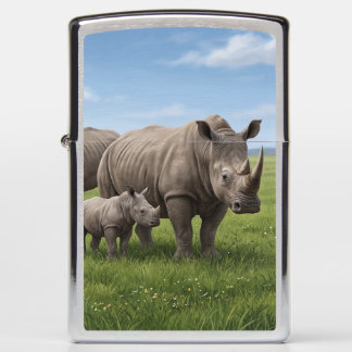 Rhino Family Walking In Green Savanna Photo Enlarg Zippo Lighter