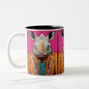 Rhino in Funky Suits Portrait Animal Fashion Pink Two-Tone Coffee Mug