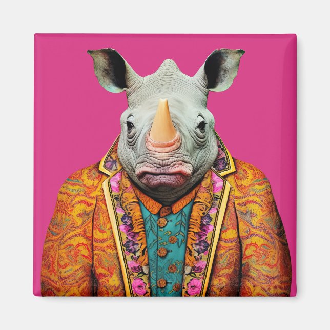 Rhino in Rococo Suit Funky Animal Fashion Art Pink Magnet (Front)