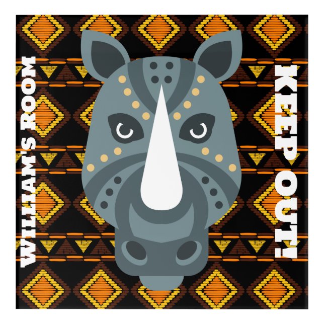 Rhino on tapestry background - editable text acrylic print (Front)