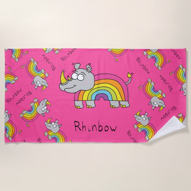 Rhino Rainbow Cute Kids Rhinoceros Beach Towel (Front)