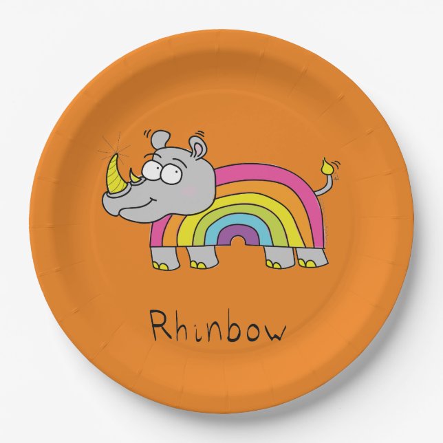 Rhino Rainbow Cute Kids Rhinoceros Paper Plates (Front)
