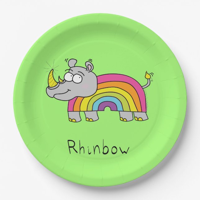 Rhino Rainbow Cute Kids Rhinoceros Paper Plates (Front)