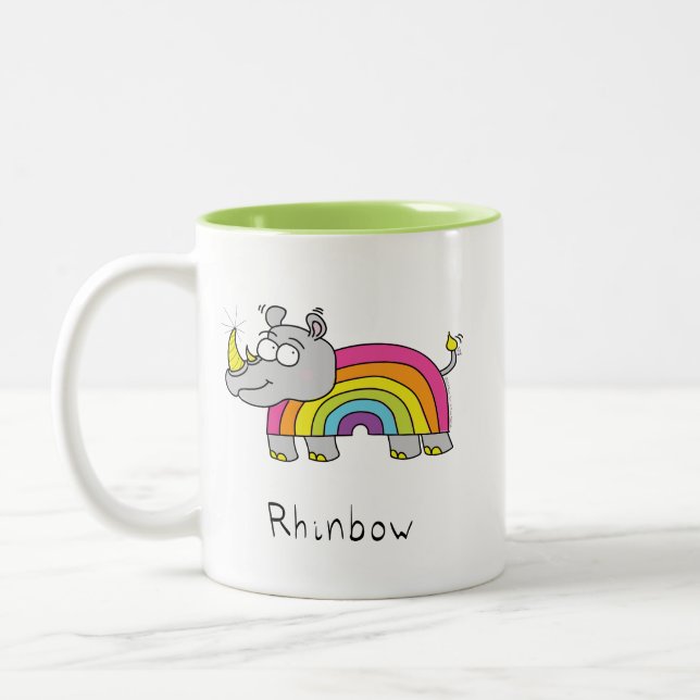 Rhino Rainbow Cute Kids Rhinoceros Two-Tone Coffee Mug (Left)