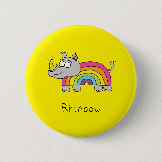 Rhino Rainbow Funny Cute Kids Rhinoceros Button (Front)