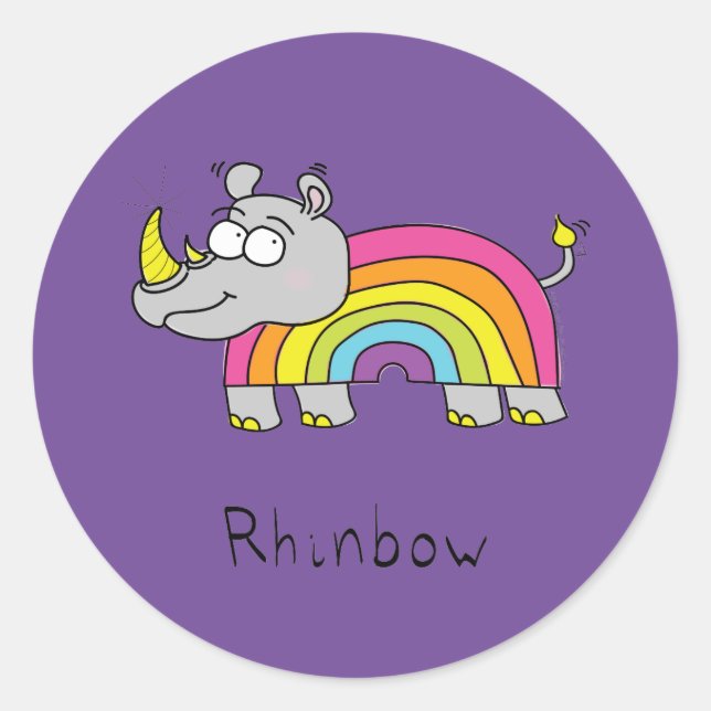 Rhino Rainbow Funny Cute Kids Rhinoceros Classic Round Sticker (Front)