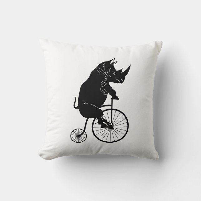 Rhino Riding an Old Fashion Bike Throw Pillow (Front)