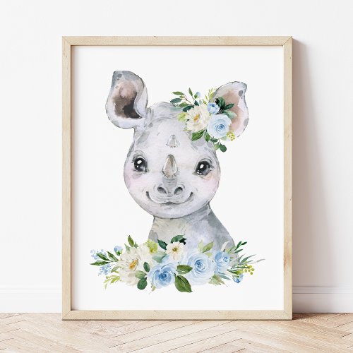 Rhino Safari Jungle Blue Flowers Boy Nursery Poster